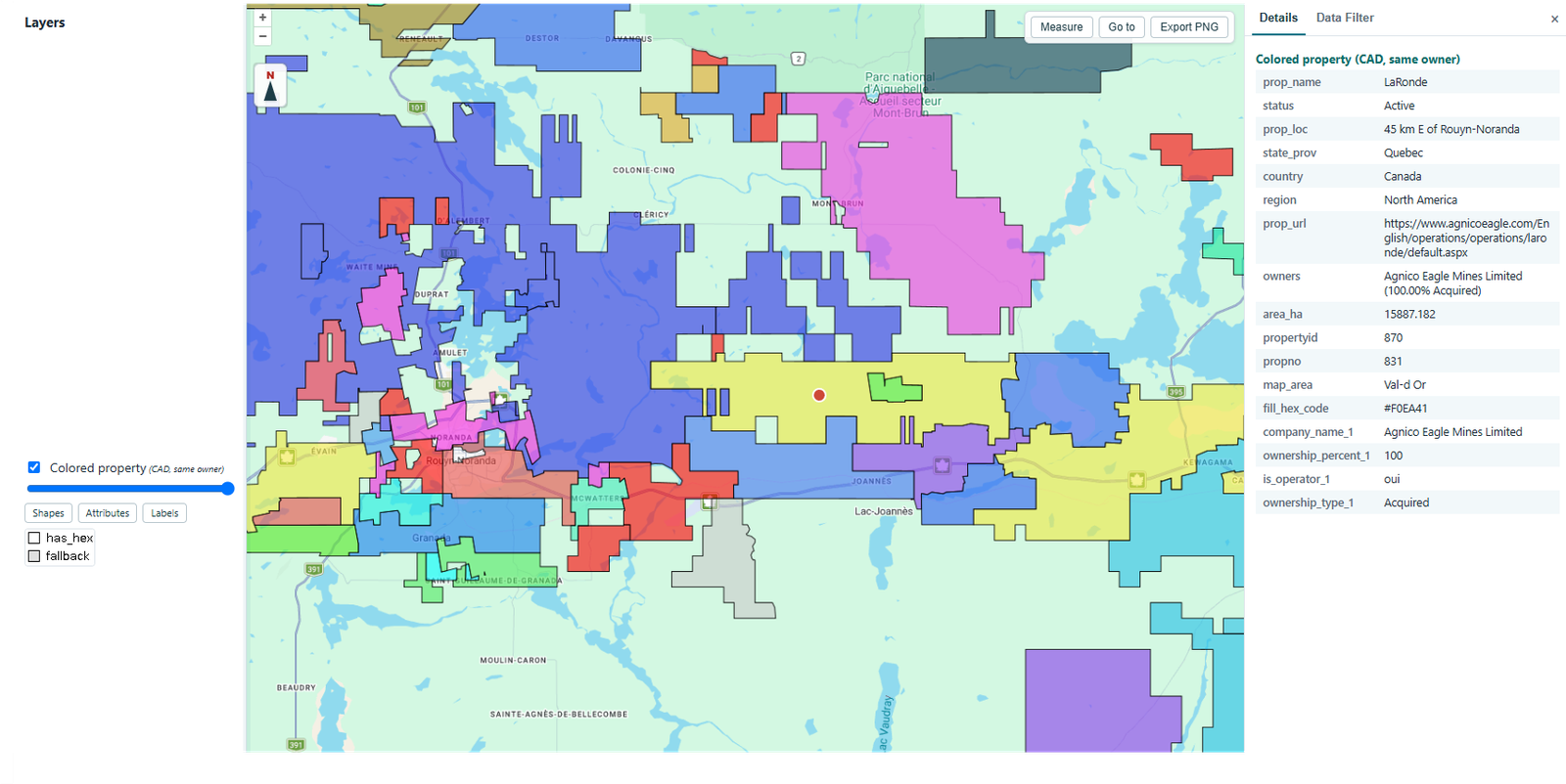 A property selected in the viewer, its attributes listed beside the map.