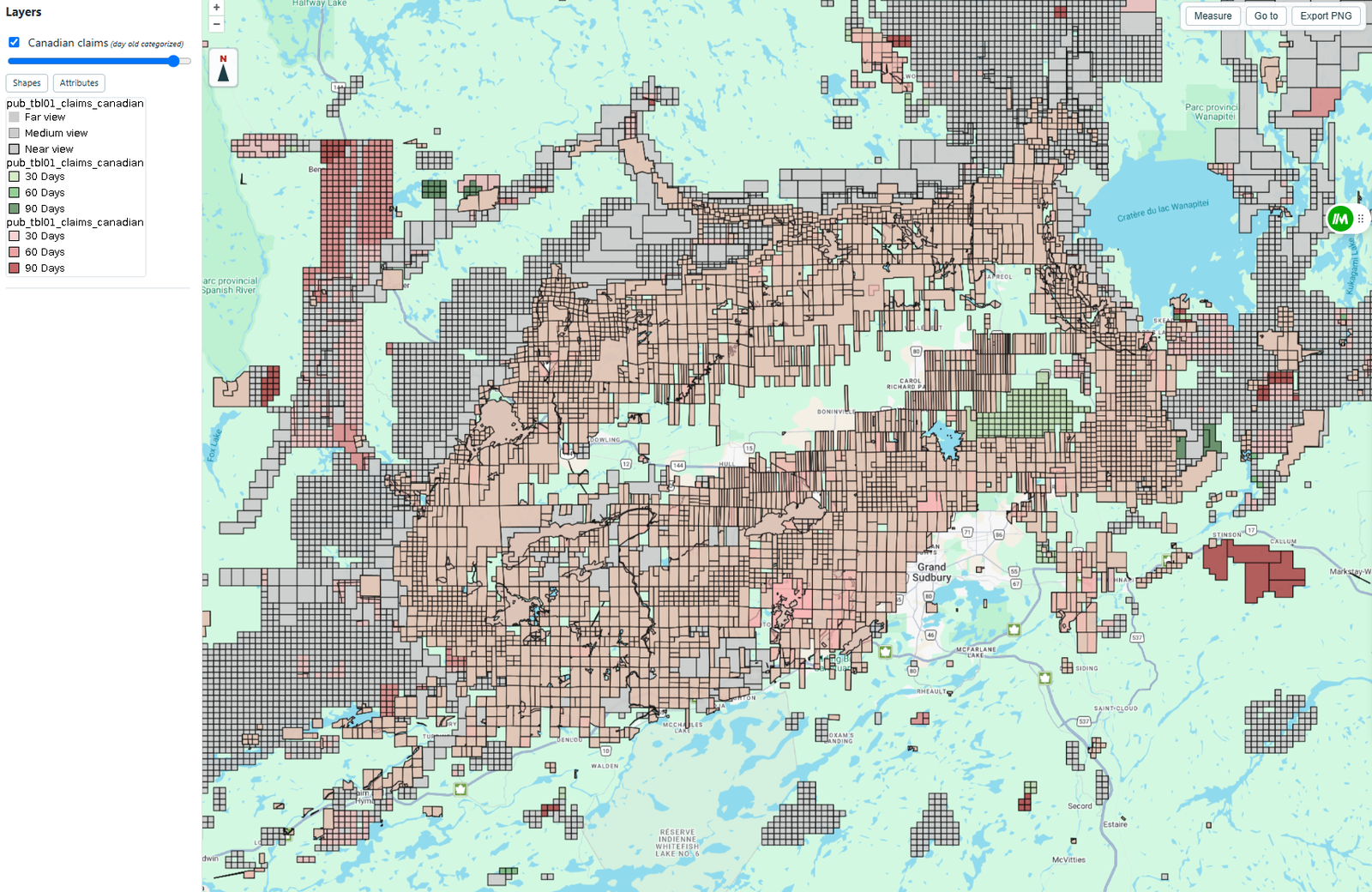 A mosaic of Canadian mineral claims at district zoom, the polygon pattern reading as a texture.