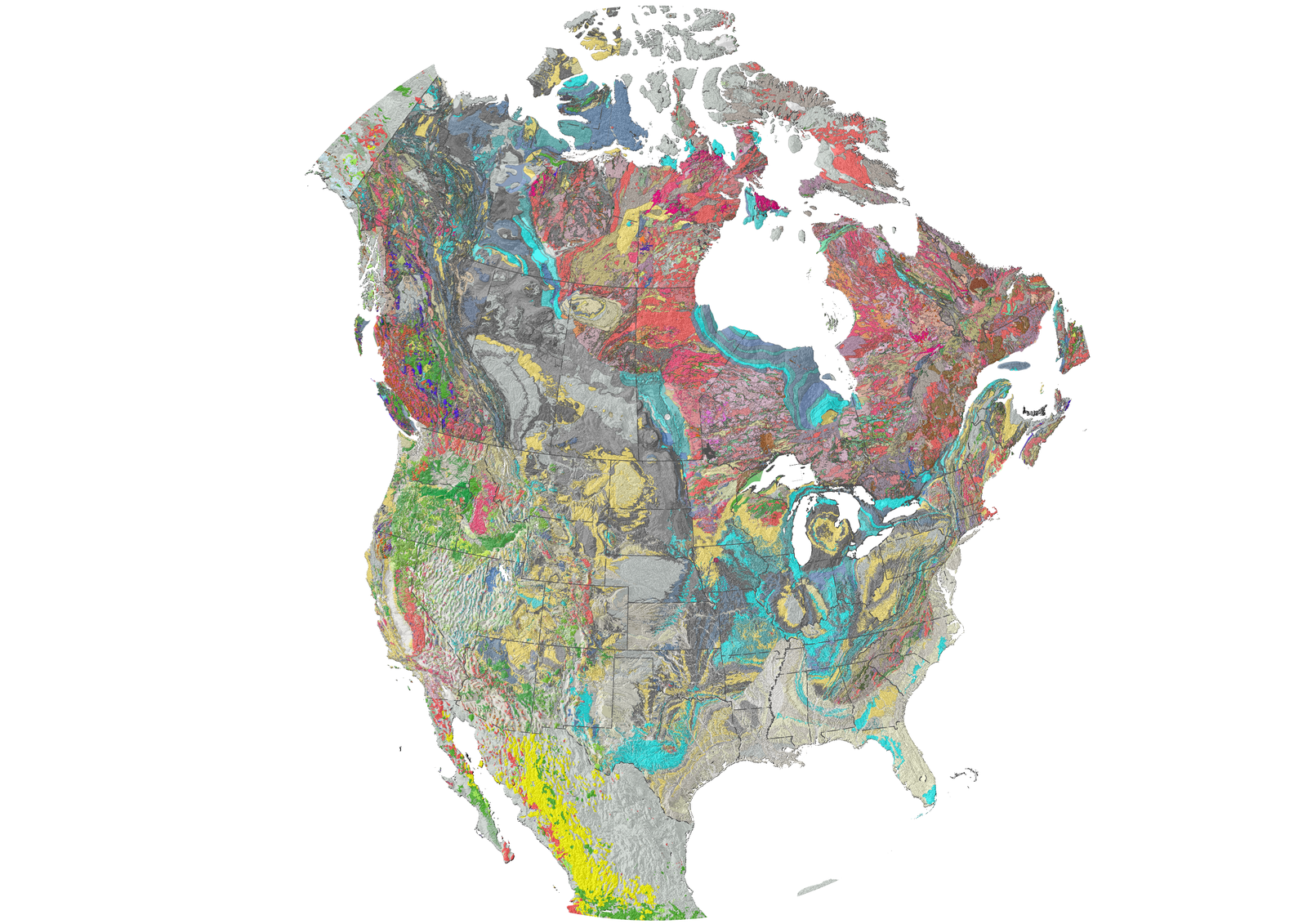 Compiled bedrock geology over a mining district, formation colours reading as a composition.