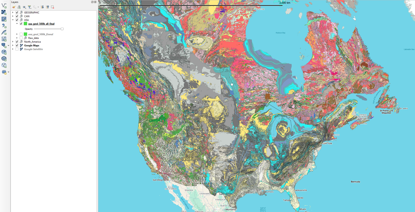 Geological mapping over a United States mining district, on the same model as the Canadian compilation.